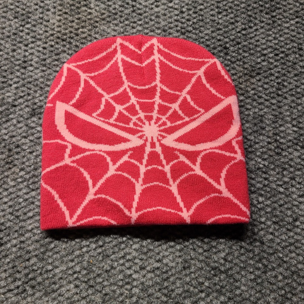 Spider-Man Beanie Hat Adult Hot Pink Hidden Eyes Graphic Jacquard Knit Mens